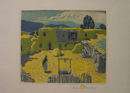 Gustave Baumann, Taos Placita, 1947, color woodcut, 9 7/16 × 11 1/16 in. Collection of the New …