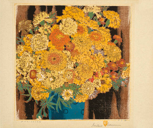 Gustave Baumann, Marigolds, 1929, color woodcut, 12 3/4 x 12 3/4 in. Collection of the New Mexi…