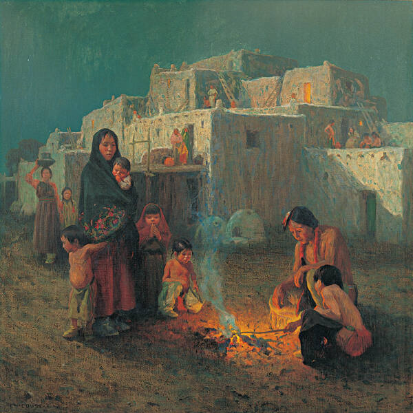 E. Irving Couse, Taos Pueblo, Moonlight, 1914, oil on canvas, 60 x 60 in. Collection of the New…