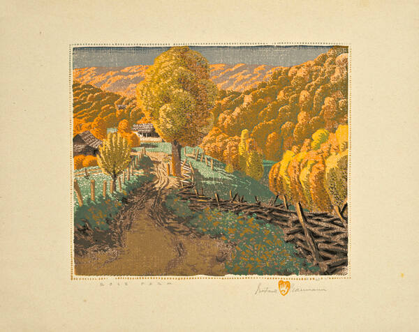Gustave Baumann, Rose Farm, 1919 printed 1948), color woodcut, 9 1/2 x 11 1/4 in. Collection of…
