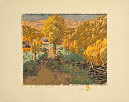 Gustave Baumann, Rose Farm, 1919 printed 1948), color woodcut, 9 1/2 x 11 1/4 in. Collection of…