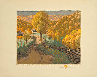 Gustave Baumann, Rose Farm, 1919 printed 1948), color woodcut, 9 1/2 x 11 1/4 in. Collection of…