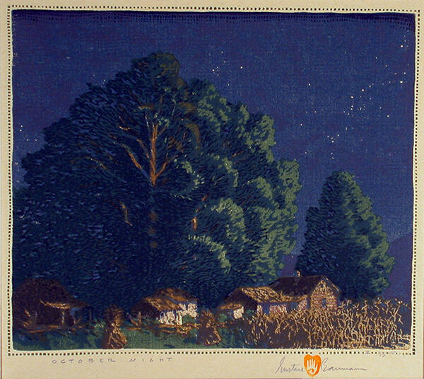 Gustave Baumann, October Night, 1919, color woodcut, 9 1/2 × 11 1/8 in. Collection of the New M…