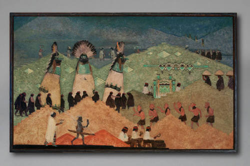 Gustave Baumann, The Shalako, 1923, oil on board with hand carved wooden frame, 37 5/8 × 61 5/8…