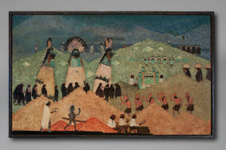 Gustave Baumann, The Shalako, 1923, oil on board with hand carved wooden frame, 37 5/8 × 61 5/8…