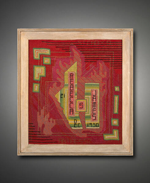 Cady Wells, Rebecca S James, 1952-1954, yarn on linen, 15 3/4 x 14 in. Collection of the New Me…