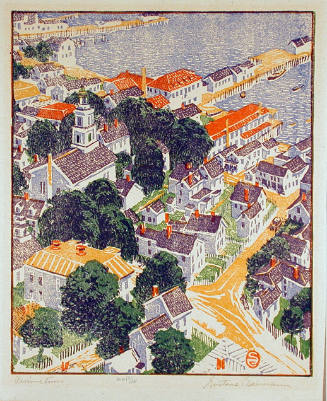 Gustave Baumann, Provincetown, 1917, color woodcut, 13 1/4 × 11 in. Collection of the New Mexic…