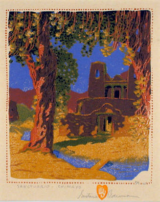 Gustave Baumann, Sanctuario – Chimayo, 1924, color woodcut, 7 1/2 × 6 1/4 in. Collection of the…