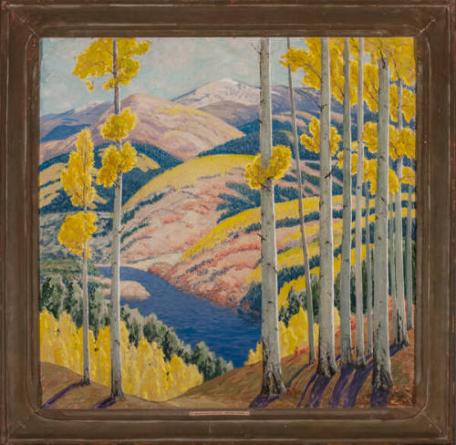 Sheldon Parsons, Aspens Near Santa Fe, circa 1922, oil on Masonite, 36 x 36 in. Collection of t…