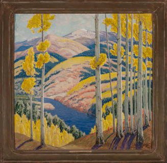 Sheldon Parsons, Aspens Near Santa Fe, circa 1922, oil on Masonite, 36 x 36 in. Collection of t…