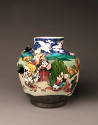 Bunny Tobias, Disney Kids Do Santa Fe, 1992, porcelain ceramic, glazes, black sand, waxed linen…