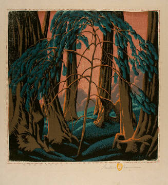 Gustave Baumann, Redwood, 1934, color woodcut, 12 7/8 in x 12 7/8 in. Collection of the New Mex…