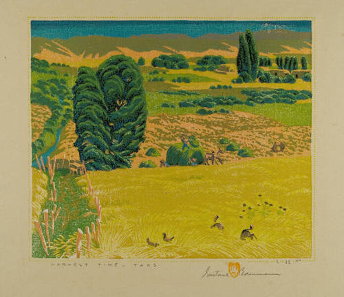 Gustave Baumann, Harvest Time – Taos, 1945, color woodcut, 9 1/2 × 11 1/8 in. Collection of the…