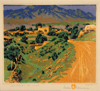 Gustave Baumann, Ranchos de Taos, 1930, color woodcut, 9 1/2 × 11 3/16 in. Collection of the Ne…