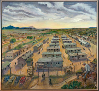 Jerry R. West, Japanese Internment Camp, 2009, oil on canvas, 42 x 46 in. Collection of the New…