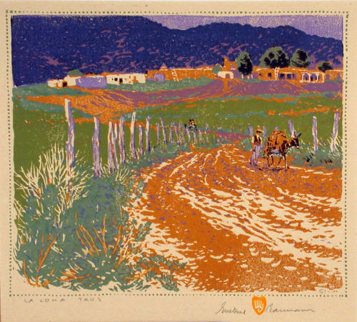Gustave Baumann, La Loma – Taos, 1919, color woodcut, 91/2 x 11 1/4 in. Collection of the New M…
