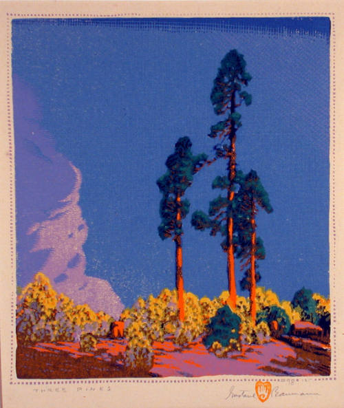 Gustave Baumann, Three Pines, 1925, color woodcut, 10 13/16 x 9 9/16 in. Collection of the New …