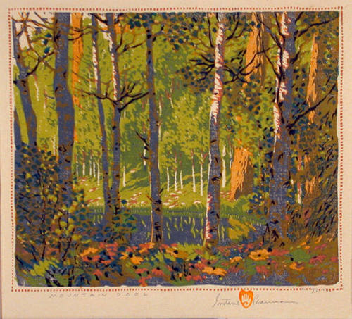 Gustave Baumann, Mountain Pool, 1920, color woodcut, 9 1/2 × 11 1/8 in. Collection of the New M…