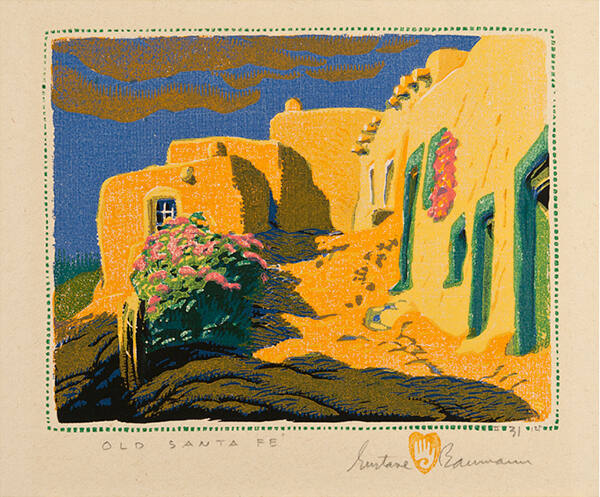 Gustave Baumann, Old Santa Fe, 1925, color woodcut, 6 x 7 5/8 in. Collection of the New Mexico …