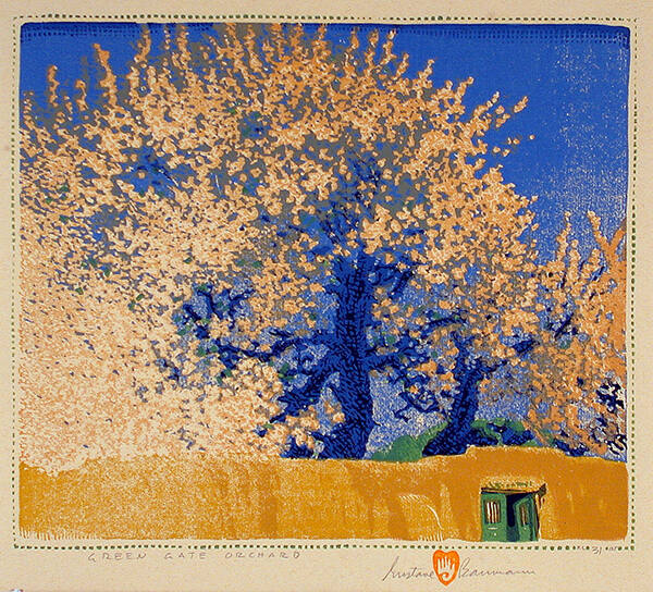 Gustave Baumann, Green Gate Orchard, 1923, color woodcut, Image: 9 1/2 × 11 1/8 in. (24.1 × 28.…