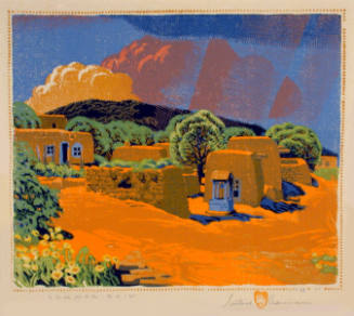 Gustave Baumann, Summer Rain, 1926, color woodcut, 9 3/8 x 11 1/8 in. Collection of the New Mex…