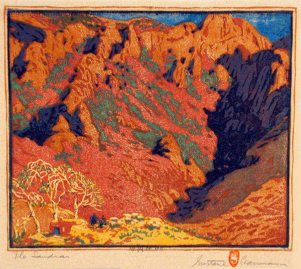 Gustave Baumann, The Sandias, 1921, color woodcut, 9 5/8 × 11 1/4 in. Collection of the New Mex…