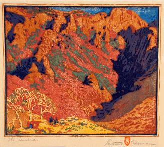 Gustave Baumann, The Sandias, 1921, color woodcut, 9 5/8 × 11 1/4 in. Collection of the New Mex…