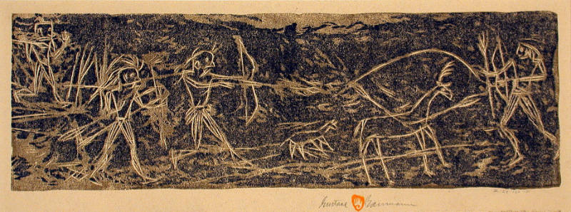 Gustave Baumann, Pictograph of Deer Hunt - El Rito de Los Frijoles Canyon, 1919, color woodcut,…
