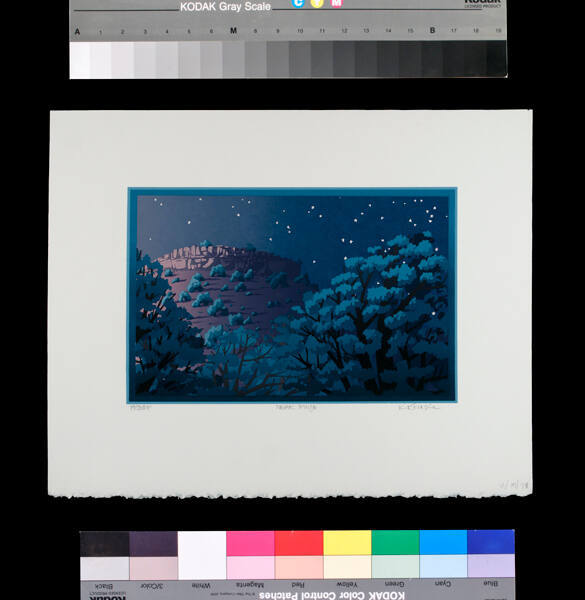 Kate Krasin, Near Puyé, 1978, silkscreen, 6 1/8 × 9 7/16 in. Collection of the New Mexico Museu…