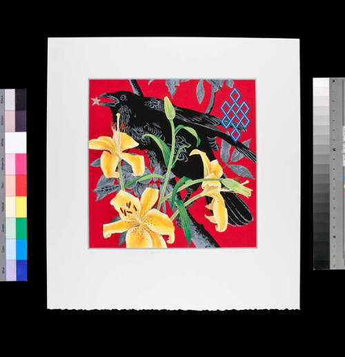 3 Yellow Lilies and a Raven