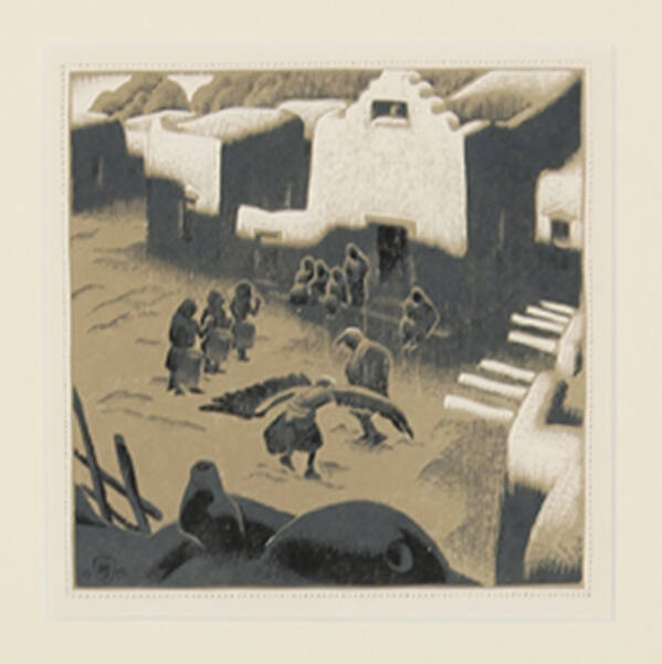 Gustave Baumann, An Eagle Ceremony at Tesuque Pueblo, 1932, color woodcut, Image: 6 1/2 × 6 7/1…