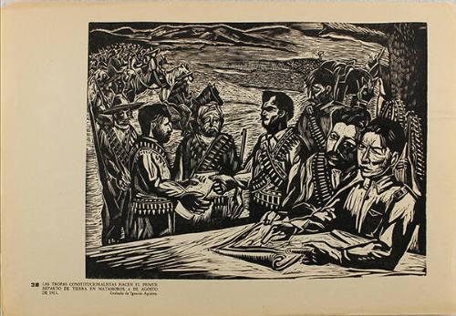Plate 38:  Las tropas Constitucionalistas hacen el primer reparto de tierra en Matamoros, 6 de agosto de 1913 (from the portfolio Estampas de la Revolución Mexicana)