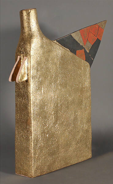 Rick Dillingham, Flame Gas Can, 1982, reassembled, kiln fired clay with slips, glazes and metal…