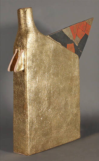 Rick Dillingham, Flame Gas Can, 1982, reassembled, kiln fired clay with slips, glazes and metal…