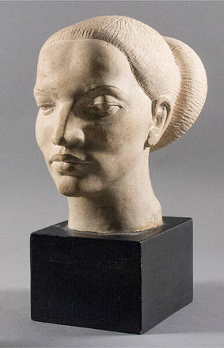 Allan Clark, Portrait Head, n.d., carved limestone with pine base, 14 × 5 3/8 × 9 1/2 in. Colle…