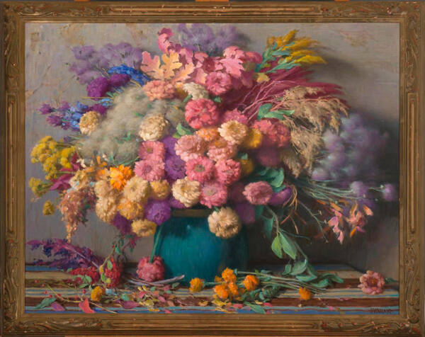 Joseph Henry Sharp, Dry Flowers, circa 1935, oil on canvas, 29 3/8 × 35 3/8 in. Collection of t…