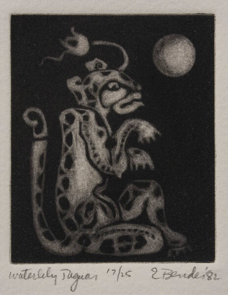 Eleanore Bender, Waterlily Jaguar, 1982, etching and aquatint, 3 × 2 1/2 in. Collection of the …