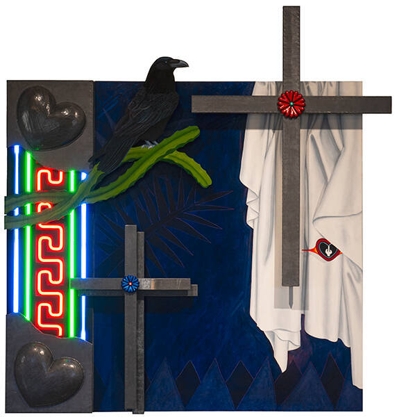 Rudy M. Fernandez Jr., 1492, 1991, mixed media sculpture mounted on wood panel, 79 x 66 x 9 in.…