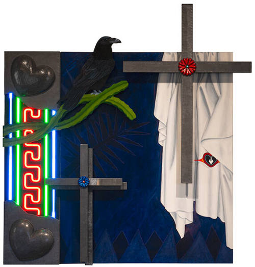 Rudy M. Fernandez Jr., 1492, 1991, mixed media sculpture mounted on wood panel, 79 x 66 x 9 in.…