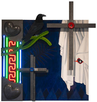Rudy M. Fernandez Jr., 1492, 1991, mixed media sculpture mounted on wood panel, 79 x 66 x 9 in.…