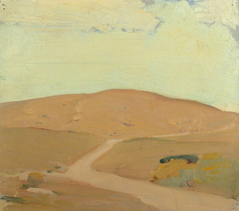 Untitled (landscape with tan hills and light green sky)