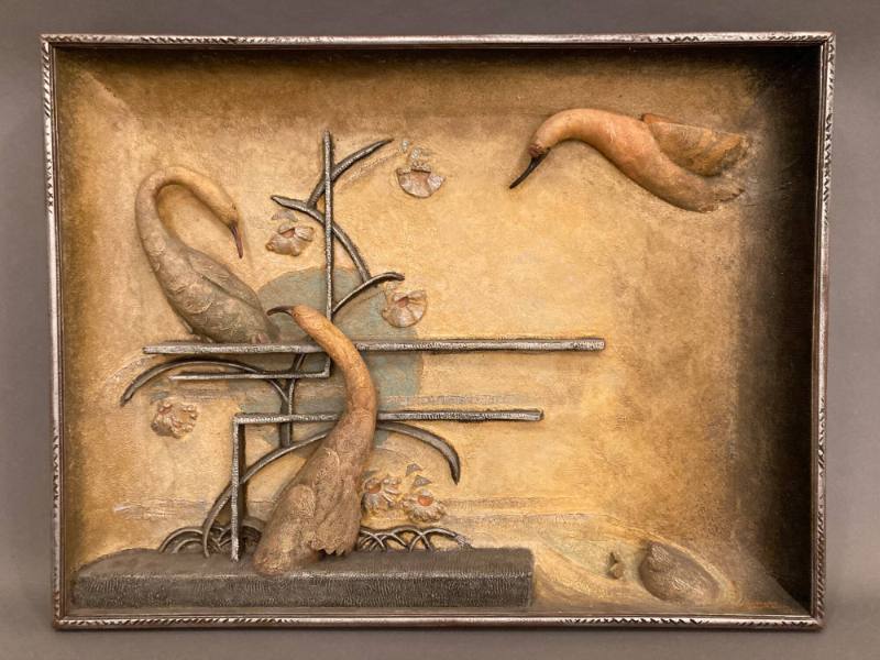 Gustave Baumann, Aviary, 1962, Casein on montage- framed sculptural piece made from carved guar…