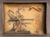 Gustave Baumann, Aviary, 1962, Casein on montage- framed sculptural piece made from carved guar…