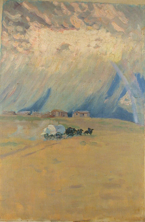 Untitled (Prairie rainstorm with rainbow and wagon)