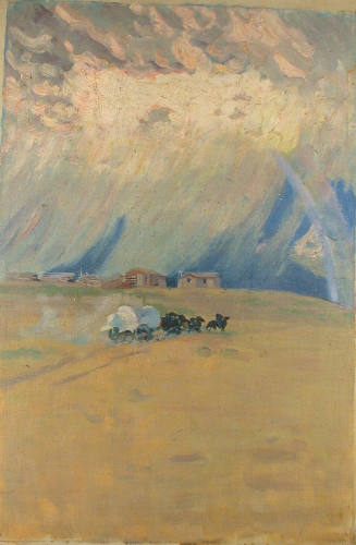 Untitled (Prairie rainstorm with rainbow and wagon)