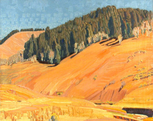 Untitled (landscape with hill and pine trees)