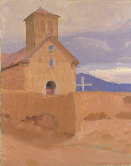 Untitled (church with white cross in courtyard)
