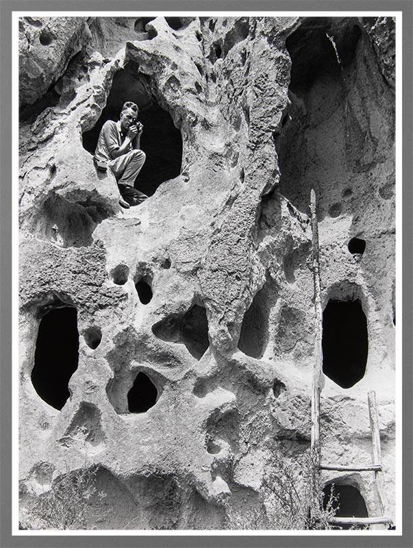 Willard Morgan with Model A Leica, Bandelier National Monument, New Mexico
