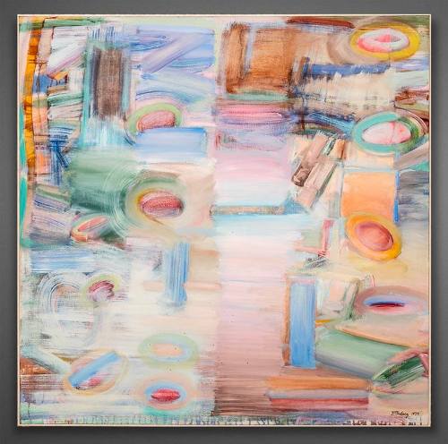 Frank Ettenberg, The Bridge, 1975, oil on canvas, 44 1/2 × 44 1/2 × 1 1/2 in. Collection of the…