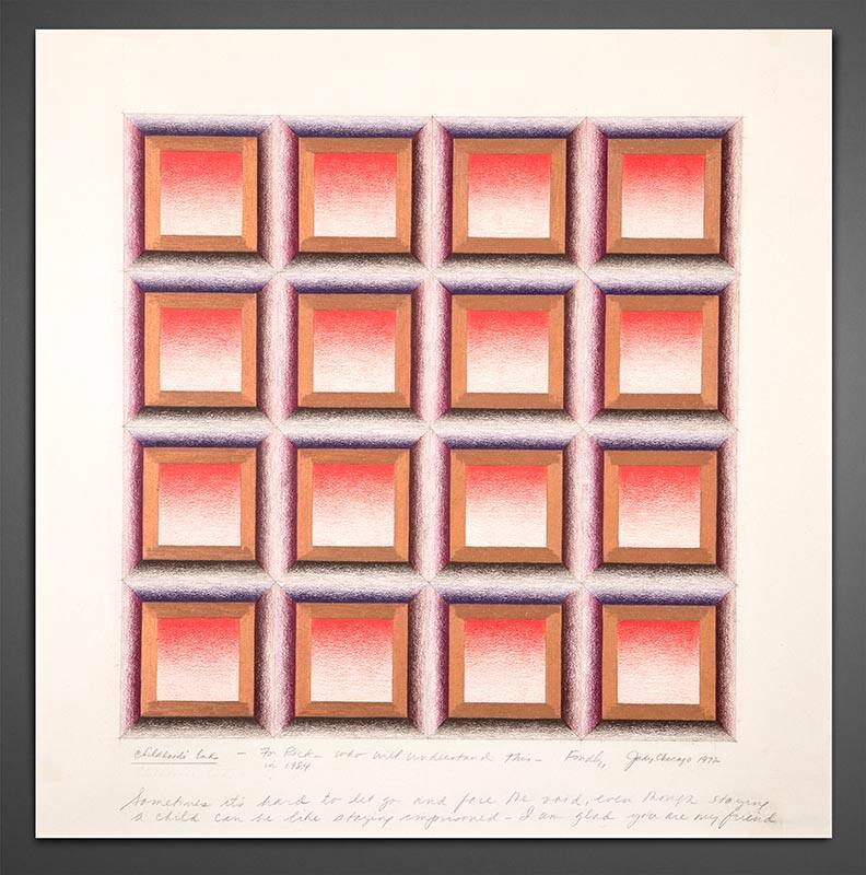 Judy Chicago, Childhood's End, 1972, Prismacolor, pastel, pencil on paper, 22 × 22 in. Collecti…